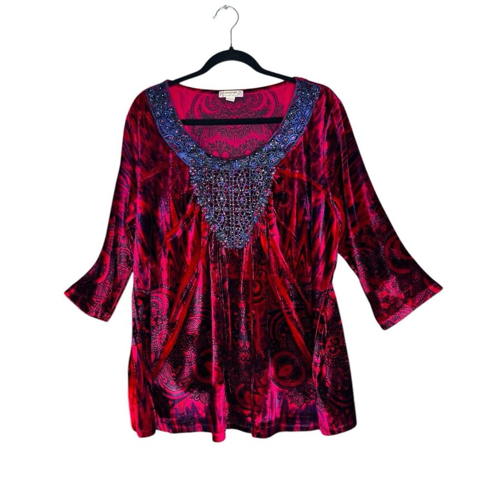 Red Bohemian Hippie Chic Velvet Top Shirt Embroidered Colored Stones Size 3X